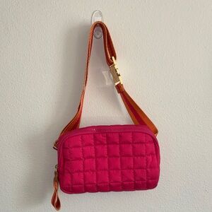Quilted Pink Crossbody Bag with Orange Strap